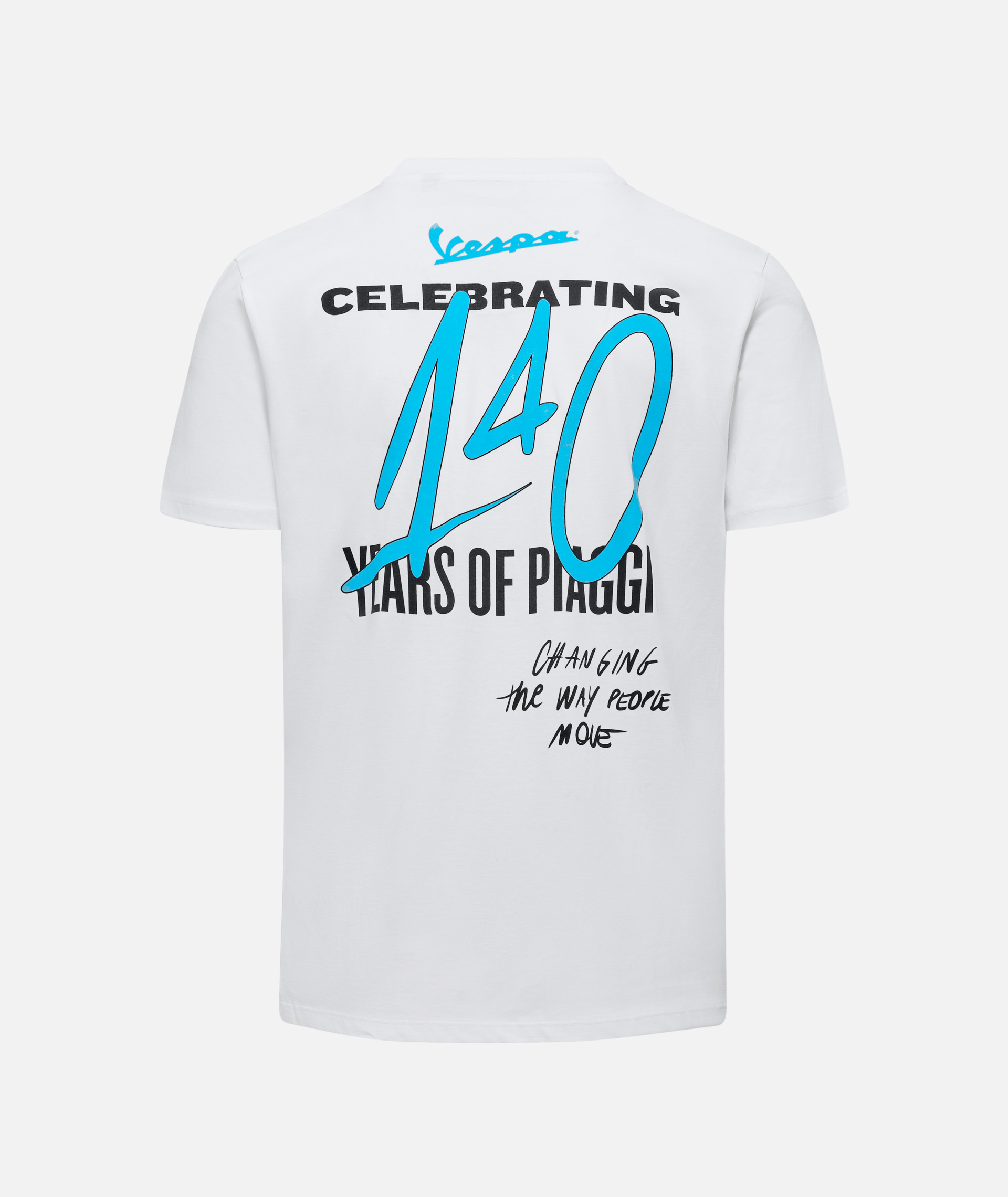 T-shirt Vespa "140 ans Piaggio" blanc bleu